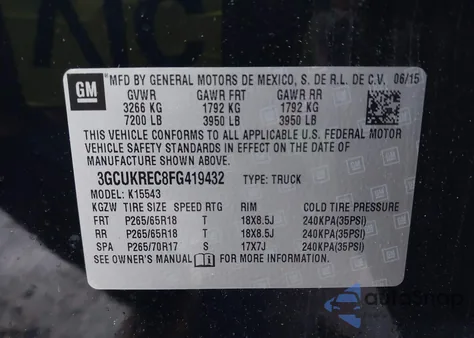 2015 Chevrolet Silverado 1500 2Lt from USA, damaged, VIN 3GCUKREC8FG419432